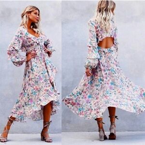 Spell Floral Midi Dress in Pastel Pink, Blue & Cream